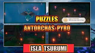 SOLUCION Y UBICACION DE TODOS LOS PUZZLES ANTORCHAS PYRO  ISLA TSURUMI  GENSHIN IMPACT [upl. by Annonyw134]