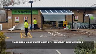 See the damage caused by ram raiders after they smashed a stolen 4x4 into Rickinghall store [upl. by Llewkcor309]