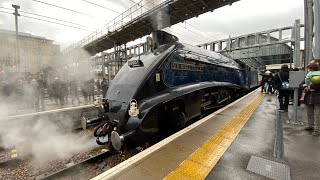 60007 Sir Nigel Gresley LNER class A4 leaving London Kings Cross with whistles [upl. by Llenrup]