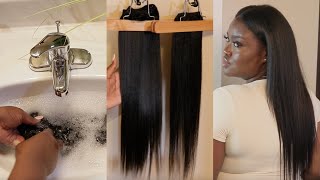 What I Wash My Clip In Hair Extensions With  Straightening  Trimming  Install  Full Routine [upl. by Lemal571]