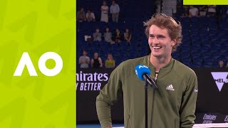 Alexander Zverev quotHes an emotional wreckquot 2R oncourt interview  Australian Open 2021 [upl. by Ihsorih]