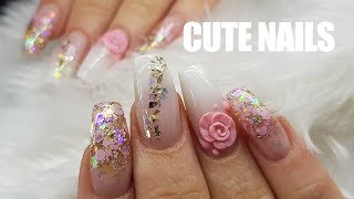 ACRYLIC REDESIGN  BABY BOOMER  GLITTER FADES  3D FLOWERS  CUTE NAILS [upl. by Tabber]