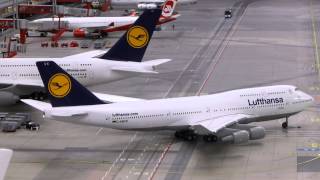 Pushback and taxi of a Lufthansa B747 at Knuffingen Airport [upl. by Yroffej]