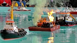 FIRE EXPLOSION amp SMOKE ON THE WATER MANY RC MODEL SHIPS COME TO RESCUE  Faszination Modellbau 2016 [upl. by Anny]