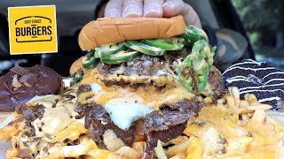 MUKBANG EATING Easy Street Burgers Loaded Monster Cheeseburger amp Loaded Wild Cheese Fries ASMR [upl. by Hyrup]