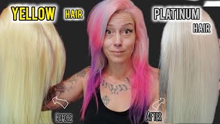 TONING YELLOW BLONDE HAIR to PLATINUM BLONDE HAIR  HOW TO FIX OVERTONED PURPLE HAIR [upl. by Burnside]