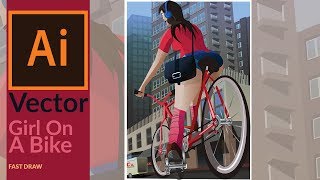 Drawing a Vector Art  Girl on a bicycle in a city street  Speed draw in Adobe illustrator CC [upl. by Ahseyk81]