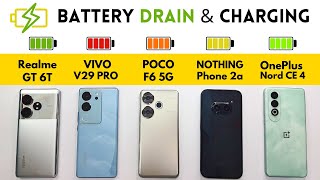 5G Battery Drain n Charge  Realme GT 6T vs POCO F6 vs VIVO V29 Pro vs Nothing Phone 2a Nord CE 4 [upl. by Akcemat]