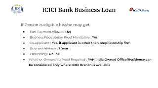 ICICI Bank Business Loan  Interest Rate Eligibility Criteria Processing Fee amp charges [upl. by Ailed64]