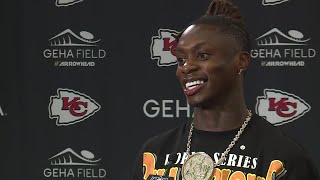 Rookie WR Xavier Worthy talks after Chiefs tiptoe to a Week 1 win over the Ravens [upl. by Kial]