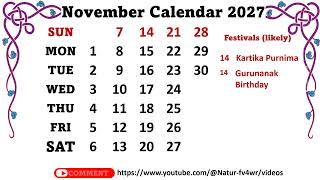 November Calendar 2027 novembercalendar2027 [upl. by Aoht]