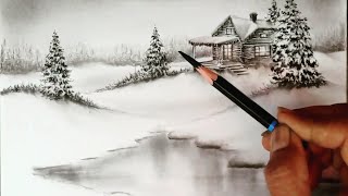 Easy pencil drawing of winter season landscape scenery with easy ways [upl. by Imuyam984]