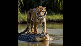 Tiger Crossing River with his friend tiger funny animation ai crocodile animals [upl. by Survance]