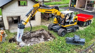 Broken pool demolition and backfill RC wheeled excavator Liebherr A918 trailer Mercedes Sprinter [upl. by Nnaytsirk]