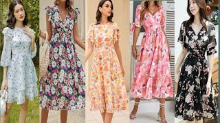 Floral Print Knee Length Midi Dresses Design 2024Floral Print Summer Outfits Knee Length Dresses [upl. by Rattray592]