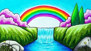 How to Draw Rainbow Over Waterfall Scenery Step by Step  Easy Rainbow Scenery Drawing for Beginners [upl. by Harwilll]