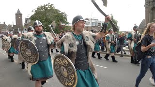 Vikings join the Pipe Band parade through Crieff marching to 2023 Crieff Highland Gathering [upl. by Shanta312]