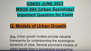 IGNOU JUNE 2023💯MSOE004 Important Exam Question✅Models of Urban Growth mso upsc sociology easy [upl. by Yamauchi]