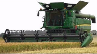 John Deere S690  Claas Lexion 750 TerraTrac mietitura riso  rice harvest 28092013 [upl. by Alleuqahs]