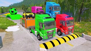 Double Flatbed Trailer Truck vs Speedbumps Train vs Cars  Tractor vs Train BeamngDrive 050 [upl. by Nodlew]