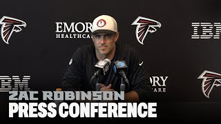 Zac Robinson talks new offense first day of full pads at 2024 ATampT Training Camp  Atlanta Falcons [upl. by Aisat]