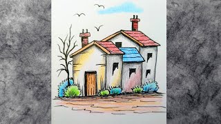 Pencil Drawing Village  Colored Pencils and Ink Landscape Scenery Drawing  Pencil Sketch Tutorial [upl. by Nnyltak349]