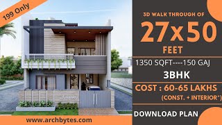 27x50 House Design 3D  1350 Sqft  150 Gaj  3 BHK  Modern Design  Terrace Garden  8x15 Meters [upl. by Arakawa878]