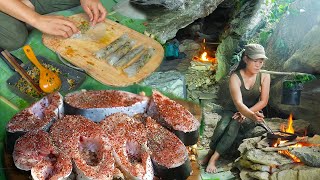 7 Days Solo Bushcraft  Shelter Under a Rock Cave Rock Stove Fish and Cook Stay Overnightetc [upl. by Ingraham434]