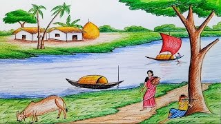 How to draw scenery of Ruposhi Bangla  landscape [upl. by Ellerrad482]