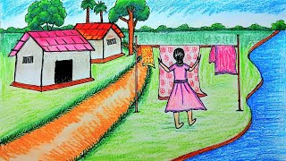 How to draw a beautiful village scenery  Indian village scenery drawing Prakritik drishya drawing [upl. by Ardna]