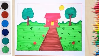 How to draw simple landscape very easy  Prakritik drishya drawing  easy scenary drawing [upl. by Icram]