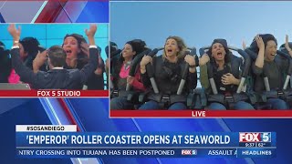 FOX 5 Crew Rides SeaWorlds New Emperorquot Roller Coaster [upl. by Sukey]