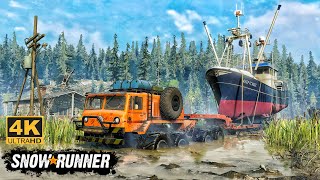 MAZ 537 Offroad Truck Towing a Fhising Boat On Swamp Road In SnowRunner Season 14 snowrunner truck [upl. by Borrell936]