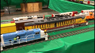 Lego Train Layout by Joes Brick Depot at the Worlds Greatest Hobby Show w MOC Union Pacific DD40 [upl. by Dymoke]