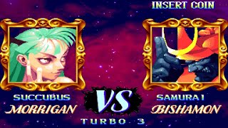 Darkstalkers 1  Morrigan Aensland vs Bishamon Samurai Hard AI Arcade Mode Vampire Night Warriors [upl. by Annailuj]