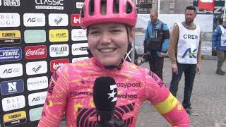 Noemi Rüegg  Interview at the start  Classic BruggeDe Panne 2024 [upl. by Nabois347]