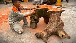 Design A Large Table From A Giant 70 Year Old Tree Stump  See How A 20 Year Old Carpenter Did It [upl. by Anitsirk]