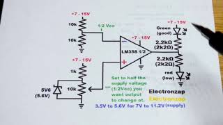 Good versus low supply voltage indicator circuit using LM358 op amp zener diode trimpot and LEDs [upl. by Ixel]