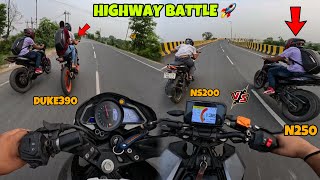 NS200 vs DUKE390🔥 vs N250  HighwaY Battle💥  Topend  Close Calls  HS MOTOTUBE [upl. by Patterson435]