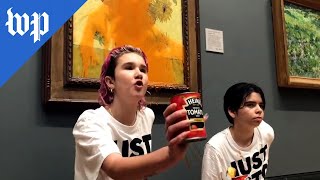 Climate protesters throw soup on Van Gogh painting [upl. by Aidas]