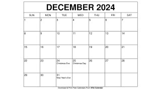 Free Printable December 2024 Calendar Templates With Holidays  Wiki Calendar [upl. by Sivle839]