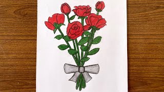 How to draw a flower bouquet for beginners  how to draw a rose easy step by step for beginners [upl. by Durer]