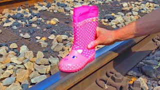 Pink wellies experiment Train Crushing things  TrainXperiments [upl. by Sabanrab]