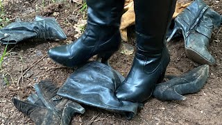 Girl destroys many boots food crush high heel crush trashy boots abused shoes [upl. by Erreit]