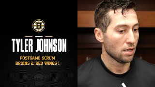 Tyler Johnson talks about getting his first point with the Bruins in a win over Detroit [upl. by Ardnuahs]