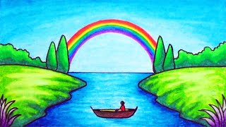 How to Draw Easy Scenery  Drawing Rainbow on the River Scenery Step by Step with Oil Pastels [upl. by Iteerp]