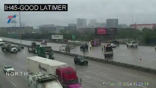 Crash knocks down I45 overhead sign near downtown Dallas closing highway [upl. by Wernher]