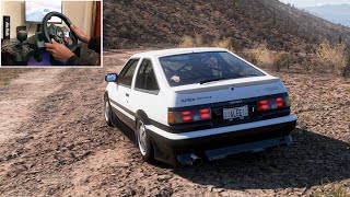 Drifting Takumi’s Toyota AE86 Trueno  Forza Horizon 5  Steering Wheel Gameplay [upl. by Shanna]