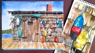 LIVE FishingLobster Shack in Watercolor Tutorial [upl. by Zennie]