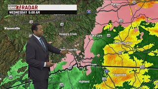 Chance for sleet freezing rain early Wednesday in parts of Upstate north of I85 WNC [upl. by Adnam]